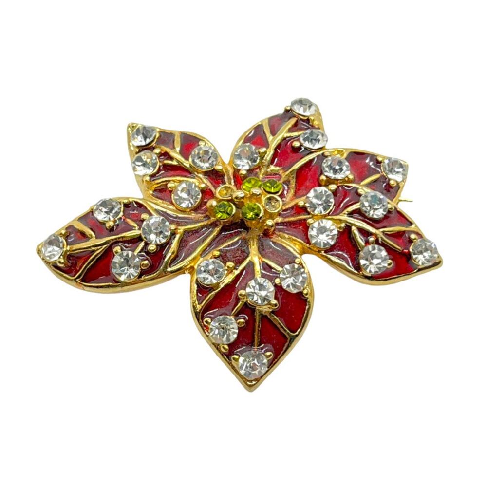 Liz Claiborn Poinsettia Brooch Pin 90s Retro Chic Sparkling Red Gold Missing Gem